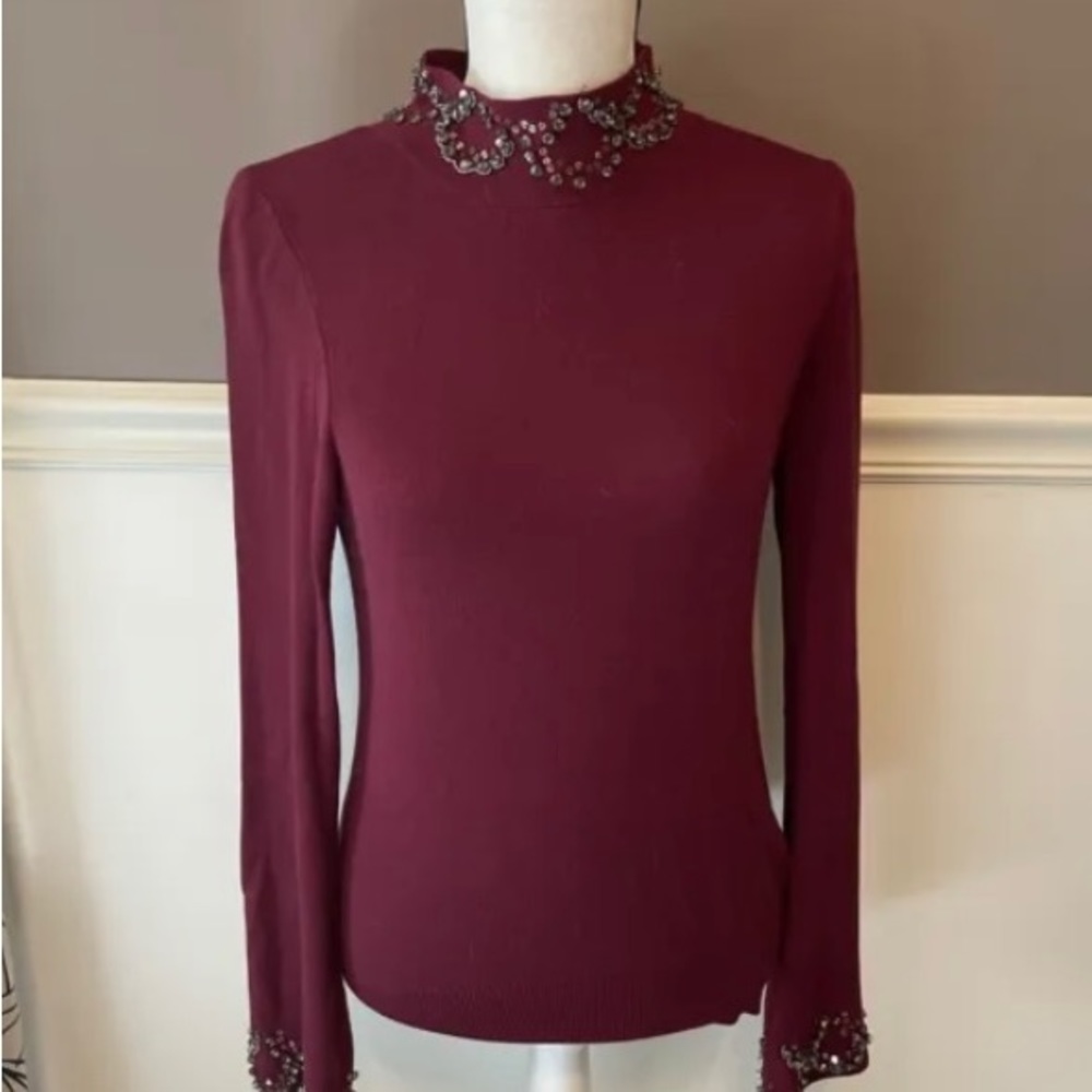 Ann Taylor Mock Neck Maroon Long Bell Sleeve Rhinestone Trim Sweater